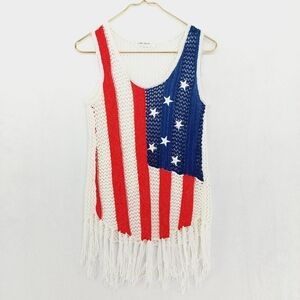 Cloud Chaser Red, Blue & White Sleeveless Crochet Tank Top Tassels 2782